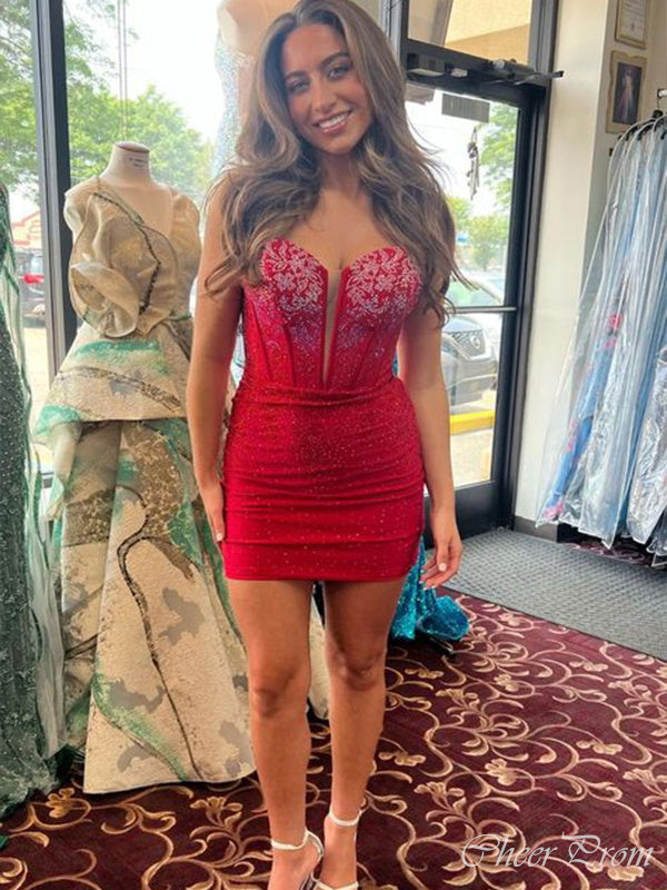 Gorgeous Red Mermaid Spaghetti Straps V Neck Sleeveless Applique Sequin Popular Short Homecoming Prom Dress, CPH80