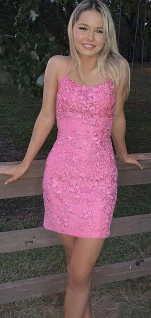 Elegant Pink Mermaid Spaghetti Straps Sleeveless Lace Popular Short Homecoming Prom Dress, CPH88