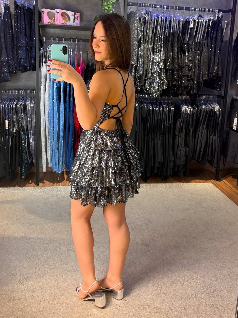 Shiny Spaghetti Strap Sleeveless A-line Sequin Short Homecoming Dresses For Party,CPH314