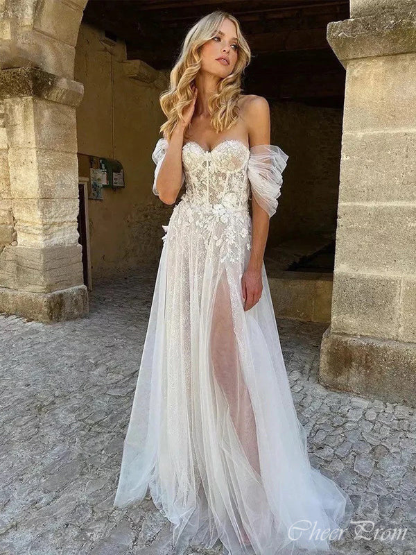 Sexy A-Line Sweetheart Off Shoulder High Slit Lace Applique Bridal Long Wedding Dresses, CPD002