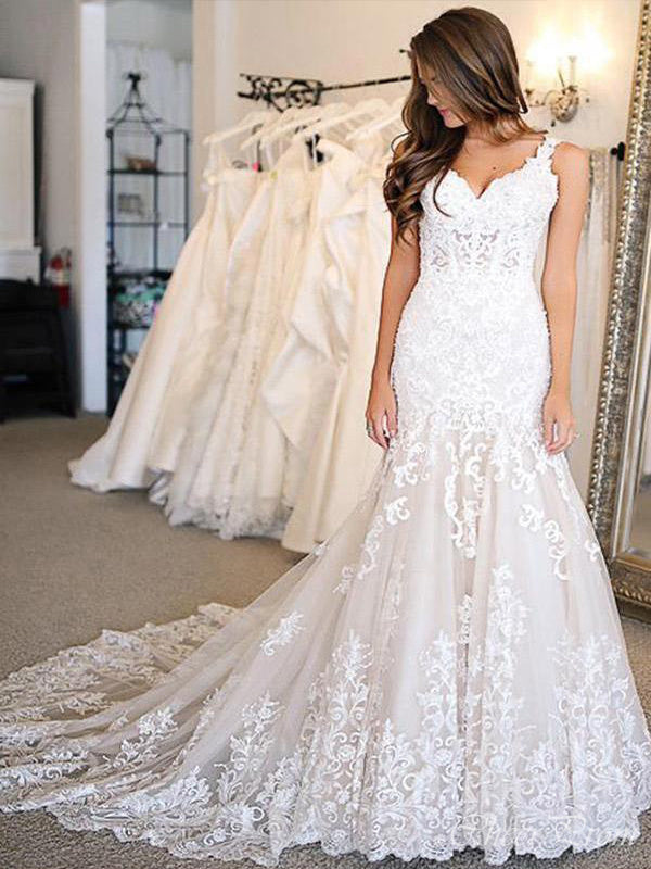 Elegant Mermaid Spaghetti Straps Lace Applique Bridal Long Wedding Dresses, CPD003