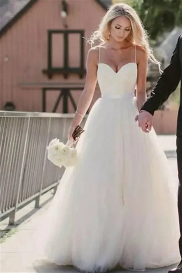 Elegant Spaghetti Straps V Neck Tulle Popular Bridal Long Wedding Dresses, CPD007