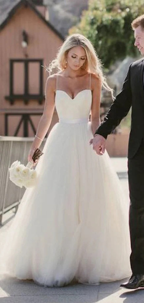 Elegant Spaghetti Straps V Neck Tulle Popular Bridal Long Wedding Dresses, CPD007