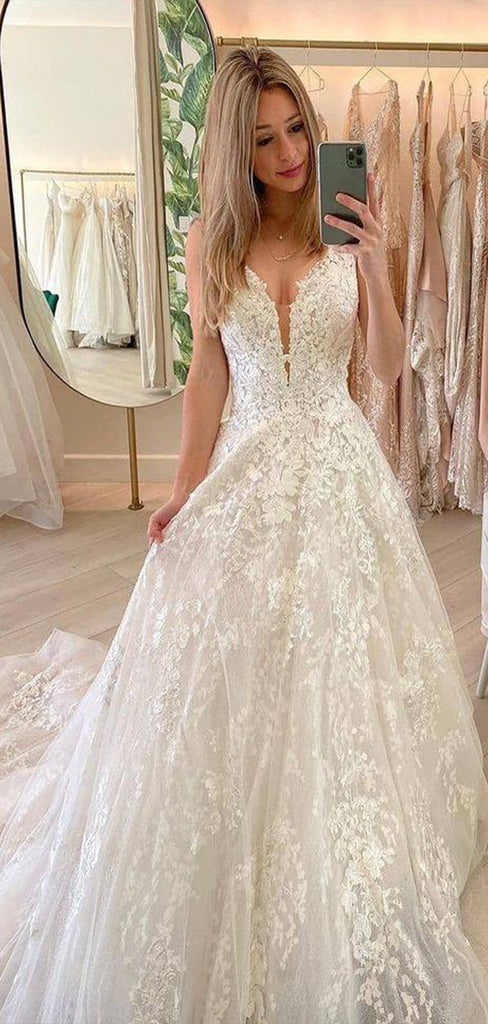 Elegant V Neck Lace Applique With Train Popular Bridal Long Wedding Dresses, CPD009