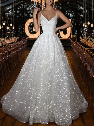 Shiny V Neck Spaghetti Straps Sequin Popular Long Bridal Dress, Wedding Dresses, CPD078