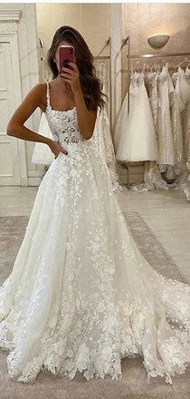 Elegant Spaghetti Straps Lace Applique Popular Bridal Long Wedding Dresses, CPD010