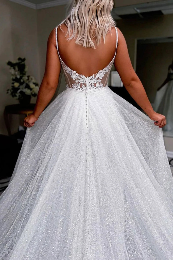 Gorgeous V Neck Spaghetti Straps Sleeveless Sequin Popular Long Bridal Dress, Wedding Dresses, CPD080