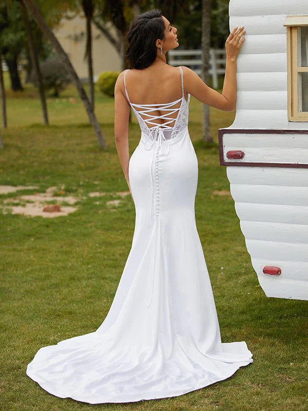 Elegant Spaghetti Straps V Neck Side Slit Lace Up Applique Popular Long Bridal Dress, Wedding Dresses, CPD085