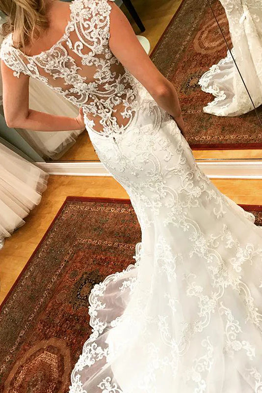 Sexy Mermaid Cap Shoulder Illusion Lace Popular Long Bridal Dress, Wedding Dresses, CPD089