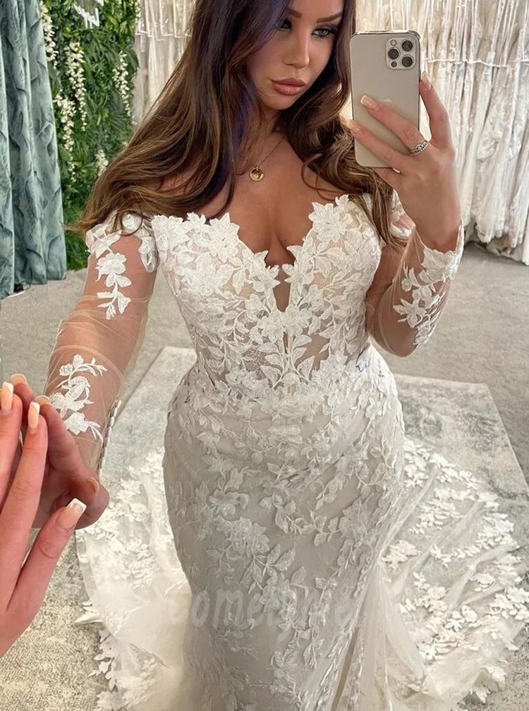 Sexy Mermaid V Neck Full Sleeve With Trailing Lace Popular Long Bridal Dress, Wedding Dresses, CPD090