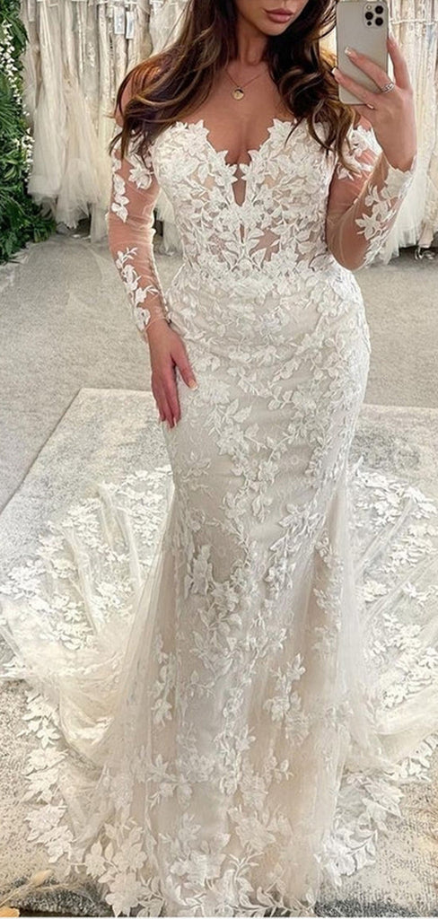 Sexy Mermaid V Neck Full Sleeve With Trailing Lace Popular Long Bridal Dress, Wedding Dresses, CPD090