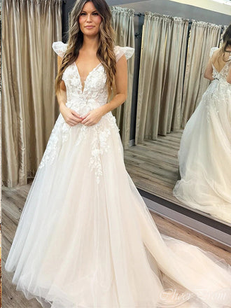 Romantic V Neck With Trailing Lace Popular Long Bridal Dress, Wedding Dresses, CPD091