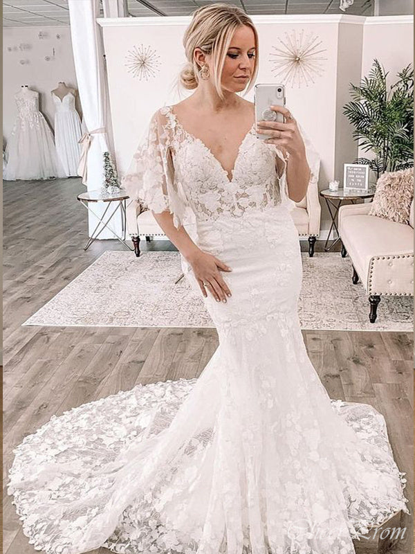 Gorgeous Mermaid V Neck Cap Shoulder  With Trailing Lace Popular Long Bridal Dress, Wedding Dresses, CPD094