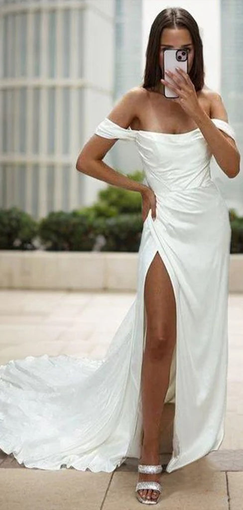 Simple Mermaid Off Shoulder Side Slit With Trailing Popular Long Bridal Dress, Wedding Dresses, CPD098