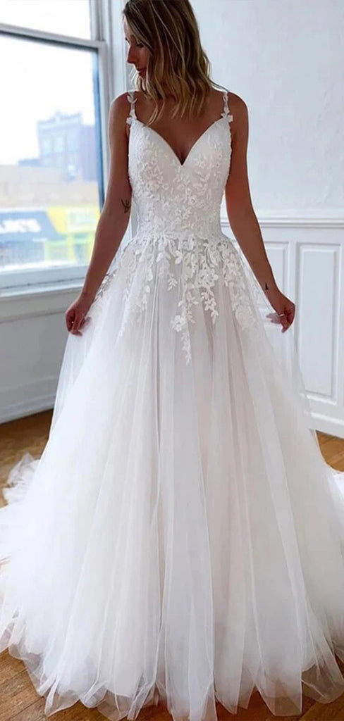 Elegant Spaghetti Straps V Neck Lace Applique Popular Bridal Long Wedding Dresses, CPD012