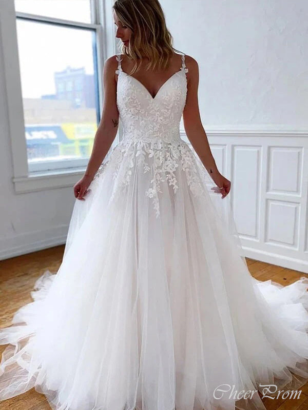 Elegant Spaghetti Straps V Neck Lace Applique Popular Bridal Long Wedding Dresses, CPD012