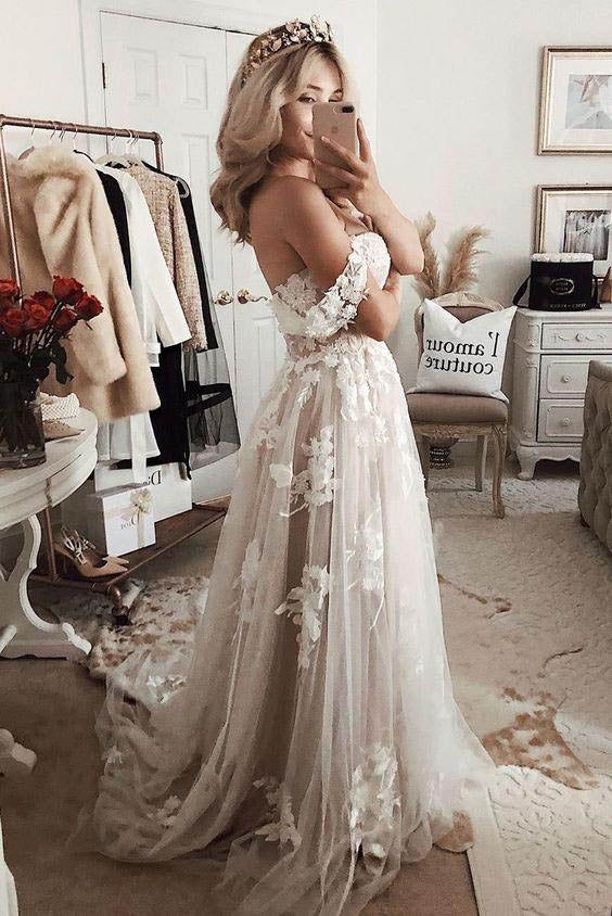 Romantic Sweetheart Off Shoulder Sleeveless Applique Popular Long Bridal Dress, Wedding Dresses, CPD102