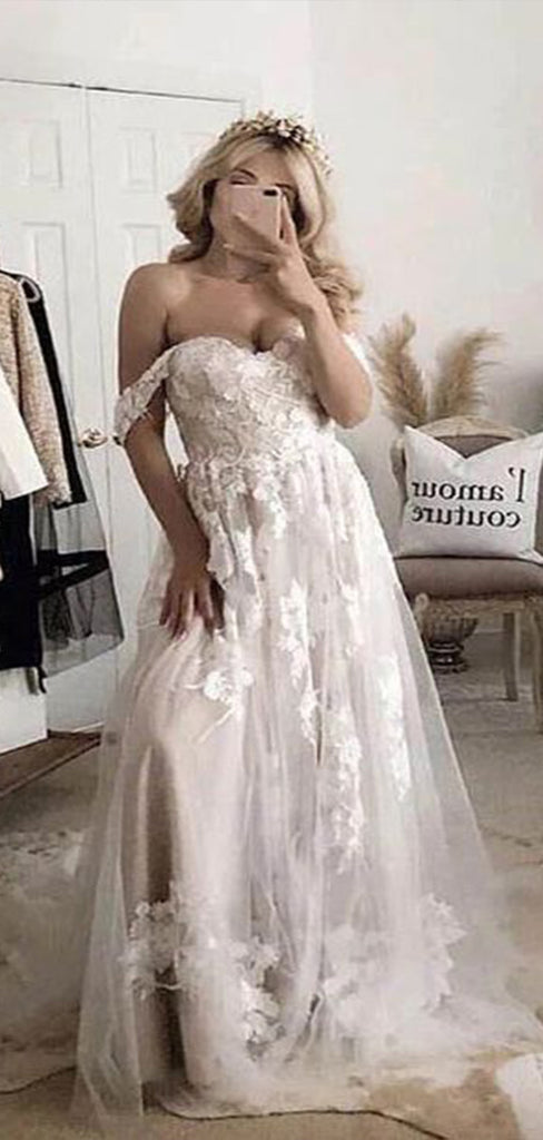 Romantic Sweetheart Off Shoulder Sleeveless Applique Popular Long Bridal Dress, Wedding Dresses, CPD102