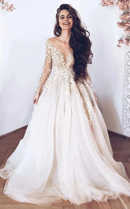 Romantic V Neck Full Sleeve Applique Popular Long Bridal Dress, Wedding Dresses, CPD104