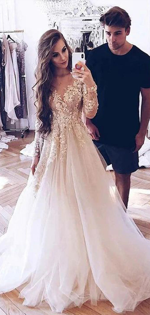 Romantic V Neck Full Sleeve Applique Popular Long Bridal Dress, Wedding Dresses, CPD104