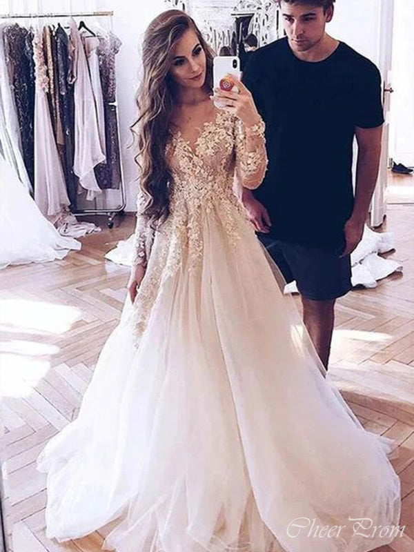 Romantic V Neck Full Sleeve Applique Popular Long Bridal Dress, Wedding Dresses, CPD104