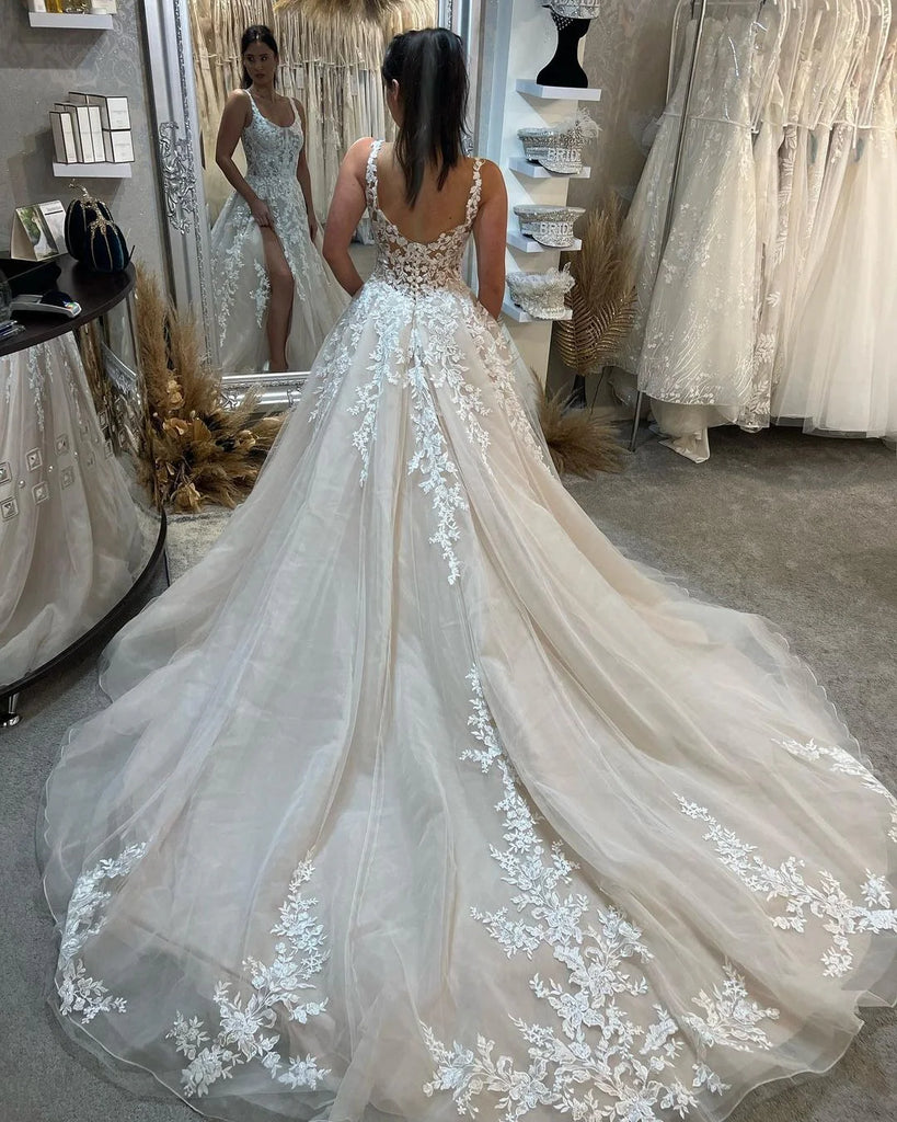 Elegant Spaghetti Straps Side Slit Sleeveless With Trailing Applique Popular Long Bridal Dress, Wedding Dresses, CPD107