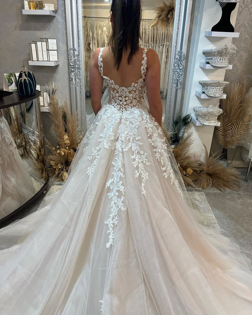 Elegant Spaghetti Straps Side Slit Sleeveless With Trailing Applique Popular Long Bridal Dress, Wedding Dresses, CPD107