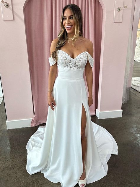 Elegant Sweetheart Off Shoulder Sleeveless Side Slit With Train Lace Popular Long Bridal Dress, Wedding Dresses, CPD117