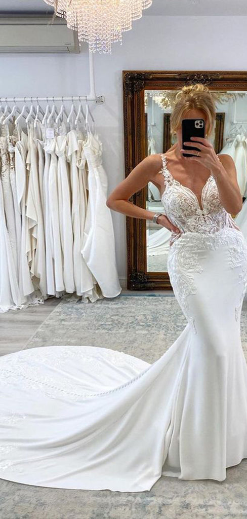 Sexy Mermaid Spaghetti Straps Sleeveless With Train Lace Popular Long Bridal Dress, Wedding Dresses, CPD118