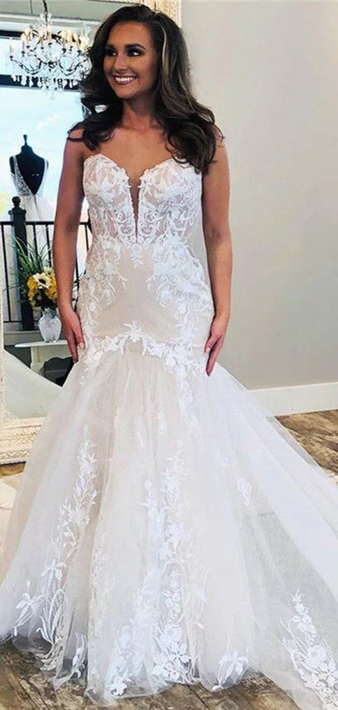 Romantic Sweetheart Sleeveless With Train Lace Popular Long Bridal Dress, Wedding Dresses, CPD119