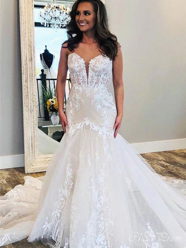 Romantic Sweetheart Sleeveless With Train Lace Popular Long Bridal Dress, Wedding Dresses, CPD119