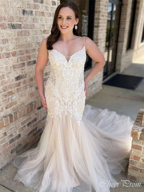 Sexy Mermaid Spaghetti Straps V Neck Sleeveless With Train Lace Popular Long Bridal Dress, Wedding Dresses, CPD121