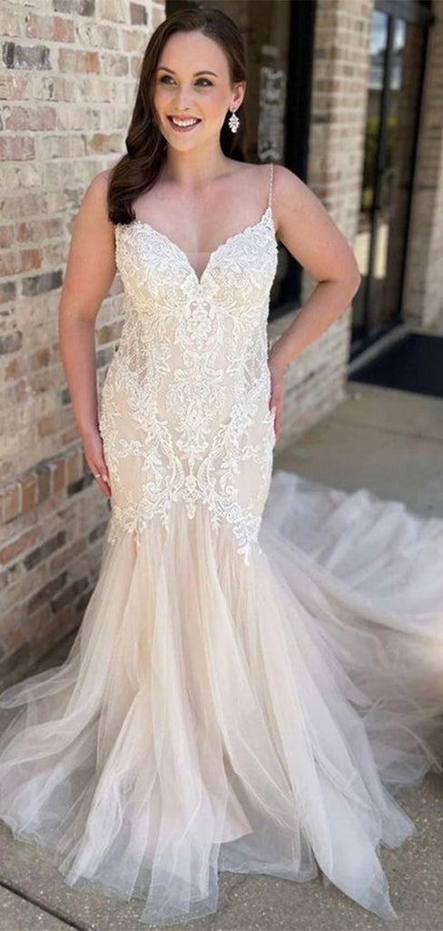 Sexy Mermaid Spaghetti Straps V Neck Sleeveless With Train Lace Popular Long Bridal Dress, Wedding Dresses, CPD121