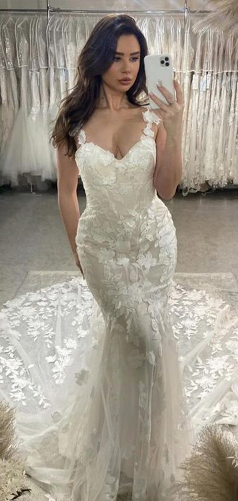 Romantic Mermaid Spaghetti Straps V Neck Sleeveless With Train Lace Popular Long Bridal Dress, Wedding Dresses, CPD122