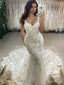 Romantic Mermaid Spaghetti Straps V Neck Sleeveless With Train Lace Popular Long Bridal Dress, Wedding Dresses, CPD122