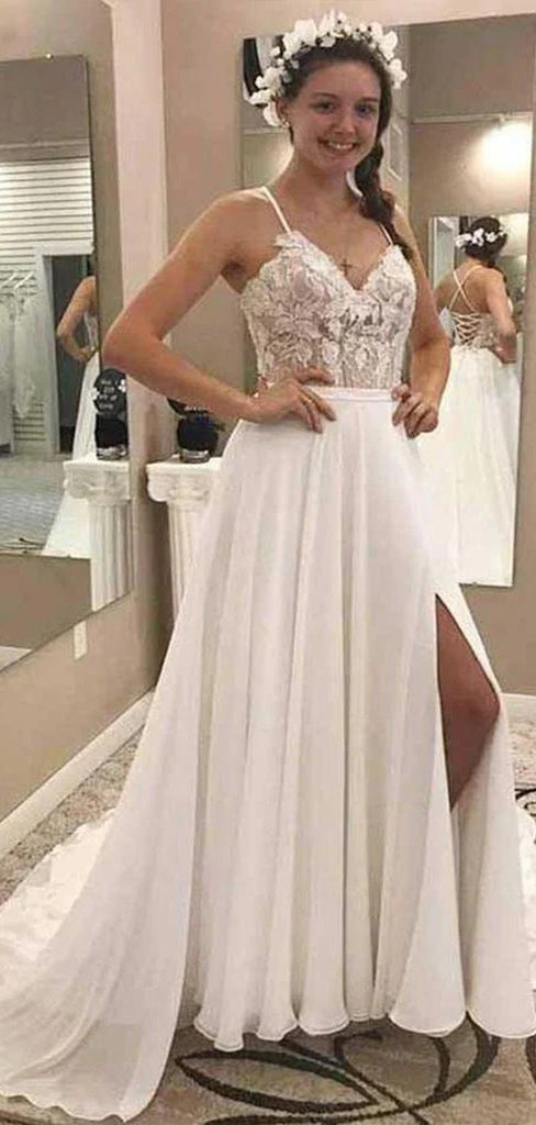 Simple Spaghetti Straps V Neck Sleeveless Lace Side Slit Popular Long Bridal Dress, Wedding Dresses, CPD126