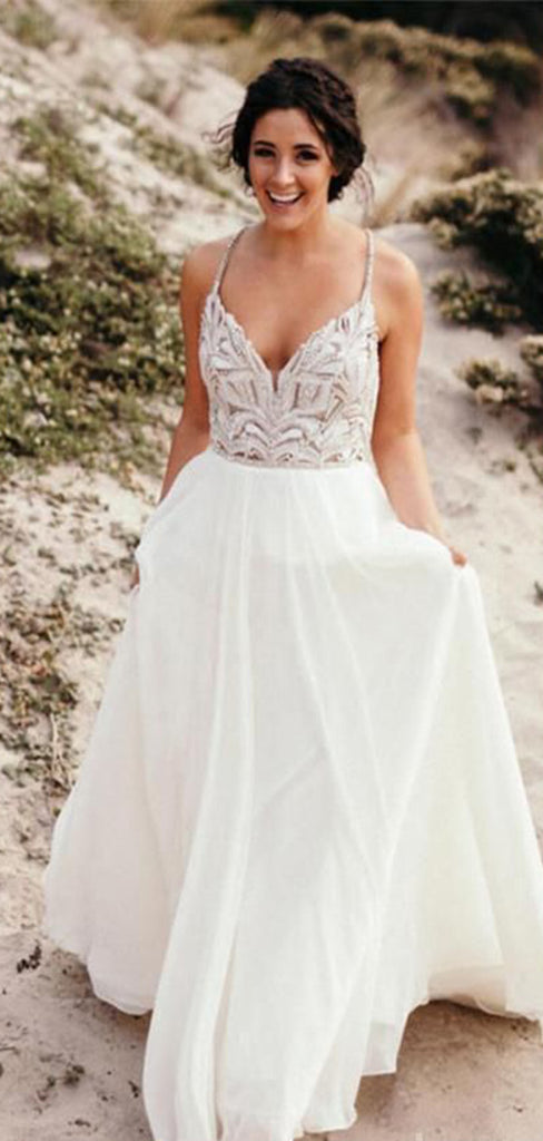 Romantic Spaghetti Straps V Neck Sleeveless Applique Popular Long Bridal Dress, Wedding Dresses, CPD127