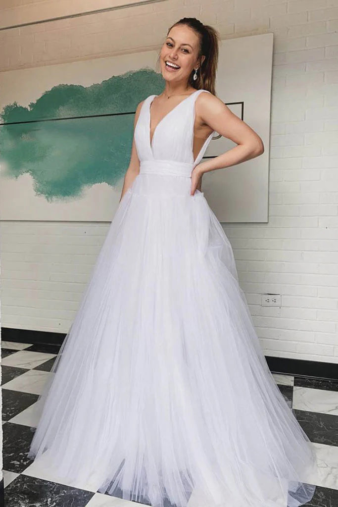 Elegant Straps V Neck Sleeveless Popular Long Bridal Dress, Wedding Dresses, CPD131