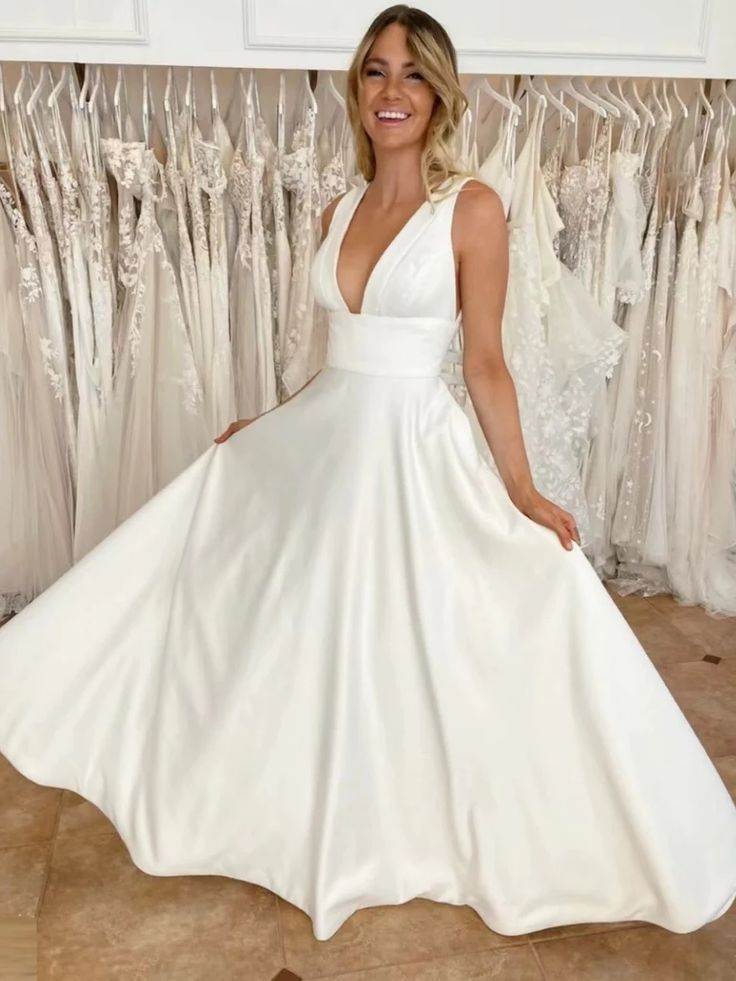 Elegant Straps V Neck Sleeveless Popular Long Bridal Dress, Wedding Dresses, CPD137