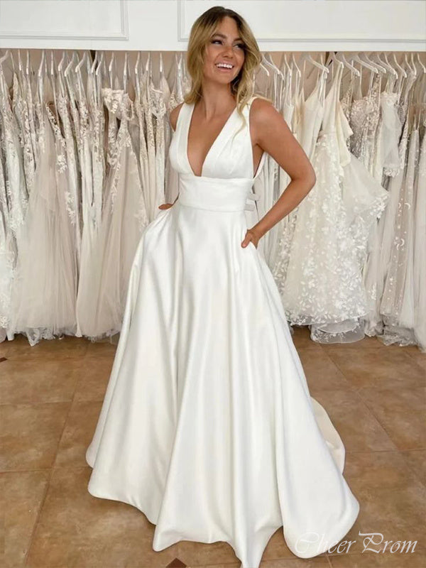 Elegant Straps V Neck Sleeveless Popular Long Bridal Dress, Wedding Dresses, CPD137