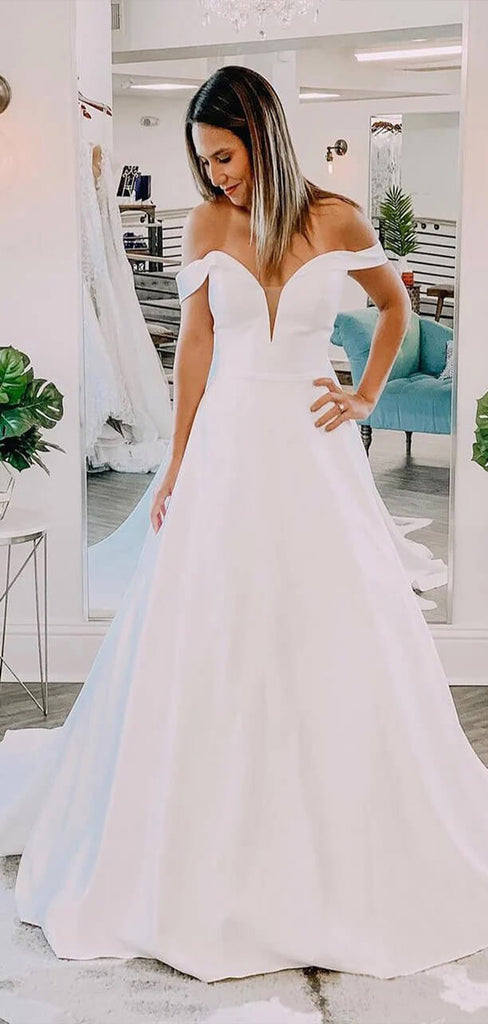 Simple Off Shoulder V Neck Sleeveless Popular Long Bridal Dress, Wedding Dresses, CPD139