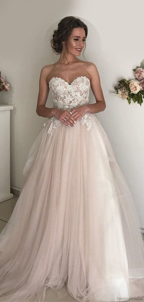 Elegant Strapless Lace Applique Popular Bridal Long Wedding Dresses, CPD016