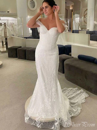 Romantic Off Shoulder Sweetheart Sleeveless Lace Popular Long Bridal Dress, Wedding Dresses, CPD186