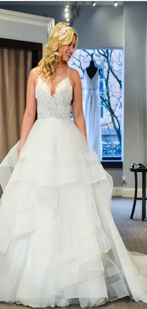 Sexy Spaghetti Straps V Neck Sleeveless With Train Appplique Popular Long Bridal Dress, Wedding Dresses, CPD141