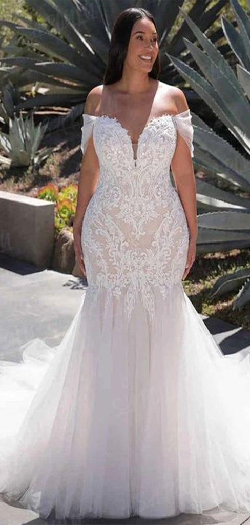 Gorgeous Off Shoulder V Neck Sleeveless With Train Lace Popular Long Bridal Dress, Wedding Dresses, CPD143