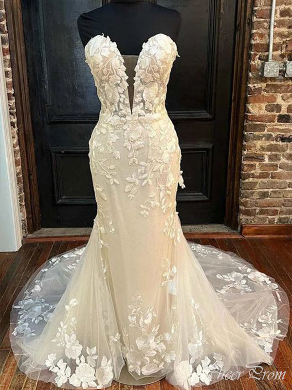 Romantic Strapless Sleeveless With Train Applique Popular Long Bridal Dress, Wedding Dresses, CPD144