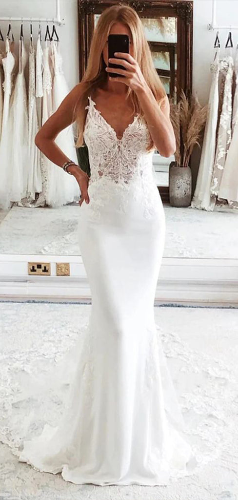 Sexy Spaghetti Straps V Neck Sleeveless With Train Applique Popular Long Bridal Dress, Wedding Dresses, CPD145