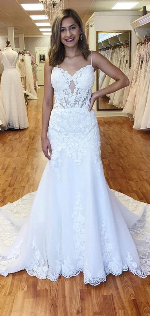 Gorgeous Spaghetti Straps Sweetheart Sleeveless With Train Lace Popular Long Bridal Dress, Wedding Dresses, CPD146