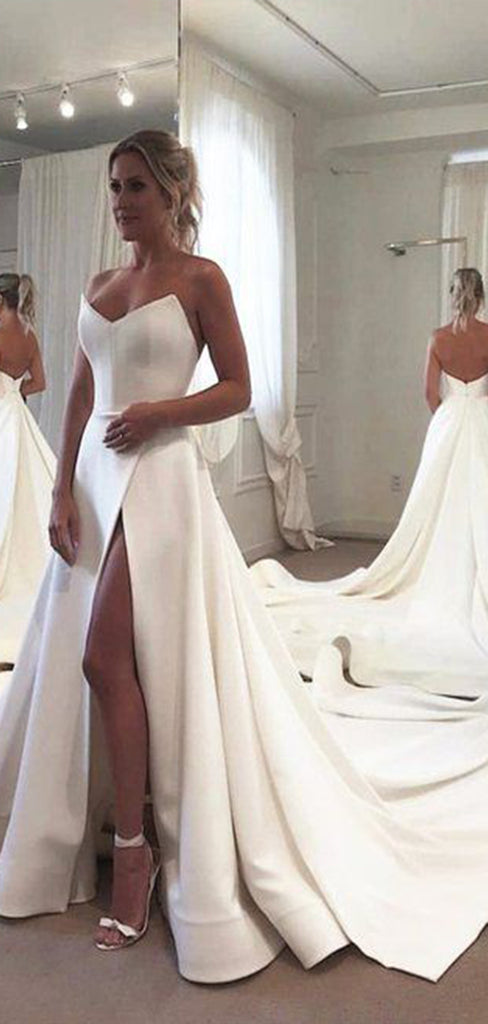 Simple Strapless Sleeveless Side Slit With Train Popular Long Bridal Dress, Wedding Dresses, CPD148