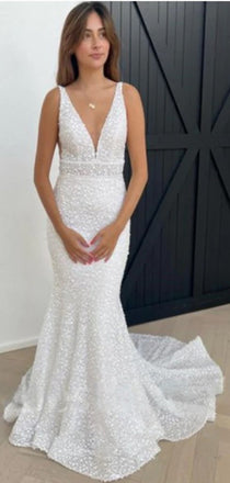 Charming Spaghetti Straps V Neck Sleeveless Beads Popular Long Bridal Dress, Wedding Dresses, CPD187
